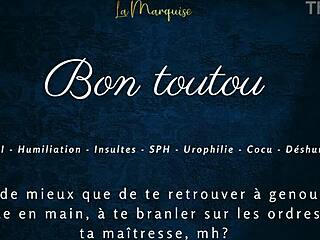 In this french femdom video, the mistress gives jerk off instructions to her good dog