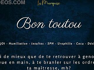 In this french femdom video, the mistress gives jerk off instructions to her good dog