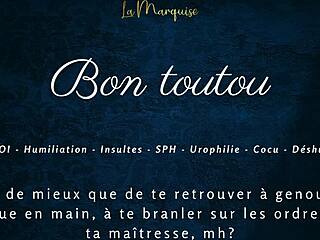 In this french femdom video, the mistress gives jerk off instructions to her good dog