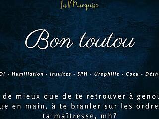 In this french femdom video, the mistress gives jerk off instructions to her good dog