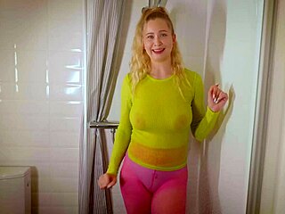 Pornstar teases with wet, clinging clothes