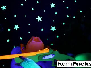 Romi Rain and Dani tease in lesbian black-light fun?