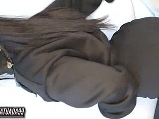 Solo beauty with bandana and lipstick guides her pussy masturbation to a facial climax