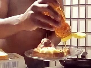 Oh man, cooking turns wild with those big black cock bananas in the kitchen