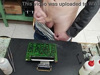 young skinny guy with huge cock blasts cum on machine instead of repair