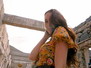 Natural brunette milf babe Willa Prescott strips outdoors in lingerie showing shaved pussy