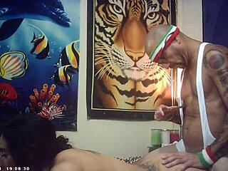 Sexy skinny model with big tits gets pounded by Italian machine on backstage cam.