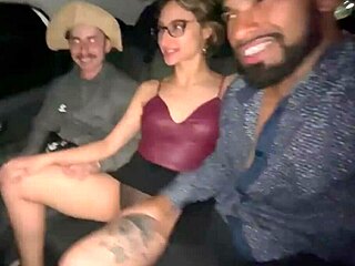 Little blonde with tight pussy gets naughty with two in car trunk