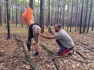 Hot redhead exhibits on trail leading to outdoor sex