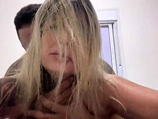 In the bedroom, she feels everything as his big cock throbs inside her pussy, moaning until he cums inside and she cums on his cock.