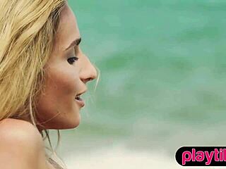 Petite Ukrainian MILF strips on beach, revealing hairy nude body in solo show