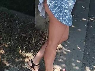 milf flashes naked ass on public street