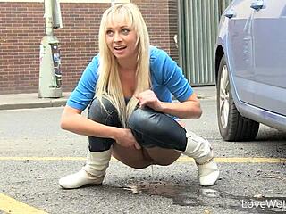 Naomi casually pisses outdoors in public solo scene.