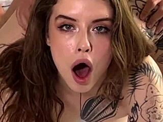 Backstage camera captures intense anal sex with beautiful tattoo model bent over. She reaches orgasm with cum on ass.
