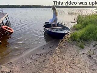 outdoor risky sex with hot blonde in fishnets, her small waist and big cock passion