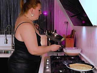 Bold Milf Cooks Pancakes in Kitchen
