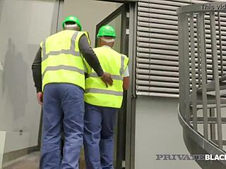 Blonde nathaly cherie takes on 5 black cocks in interracial gangbang with double penetration action.