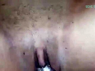 fucking that ebony girlfriend hard in her red panties with a condom until creampie finish inside her