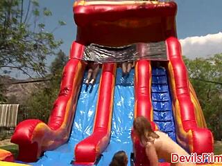 Lesbian beauties toying pussies