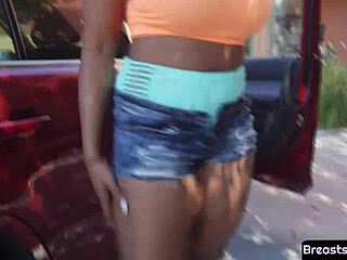 Curvy ebony babe with big tits and ass hints at titty fuck and handjob on stiff cock