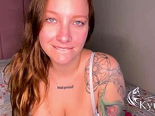 blonde with big natural tits and blue eyes masturbates by licking and spanking her tattooed ass