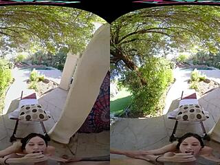 vrhush tells how naughty petite brunette jazmin luv rides cock outdoors