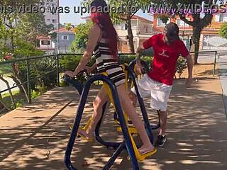 wife exposes her skinny ass in public park while husband watches in cuckold outdoor miniskirt scene.