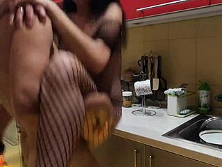 In the kitchen, the milf wife in stockings kissed passionately before amateur anal assfucking.