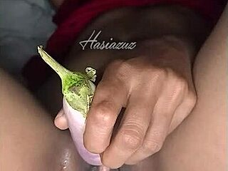 veggie toy and spicy finger play hint at mature milf solo fun