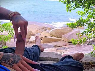 horny african amateur masturbates with handjob to surprise cum orgasm outdoors on public beach