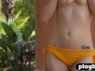 sexy small tits milf strips lingerie to expose natural tits and ass in hot outdoor solo posing