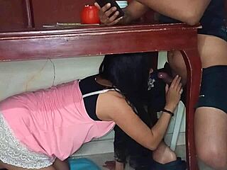 Hidden Latina Teen Amateur Gives Homemade Blowjob Under Table