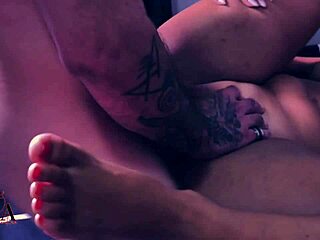 Curvy Latina gives footjob with toes on big clit.