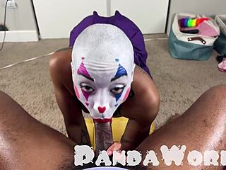clown bald ebony cleo panda gives BJ to BBC then RIDES it in submissive cosplay orgasm