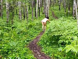 Milf strips outdoors to goal, big tits and ass exposed. Fucked stepmom after walk with ripped clothes.