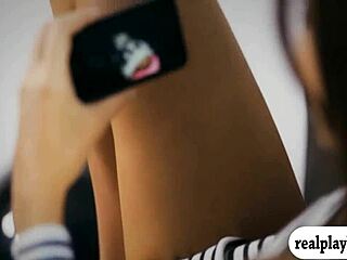 Attractive woman expresses pleasure while touching her smooth intimate area