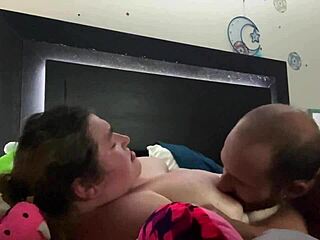 Sucking huge boobs of fat bbw with natural tits in close-up action