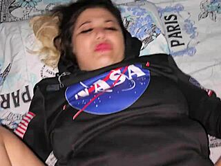 Blonde in black sweater with NASA logo gets 3 hours of sex