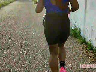 Giant ass redhead filmed training by her lover in gym