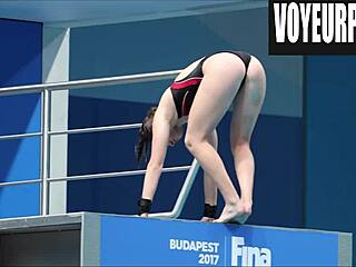 In a casual voyeur scene, young women in bikinis perform high dives with hidden camera views on their legs and asses.