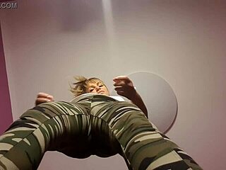 blonde femdom slut puts him on knees for bdsm jerk off session under bill with cum eating finale