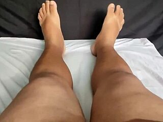 intrigued by young nerd girlfriend caught masturbating on sheer red while cuckold watches his small cock