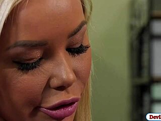 busty babe fingers herself then fucks boss cock at work