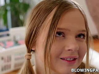 Petite teen blonde delivers sloppy deepthroat tip for crew