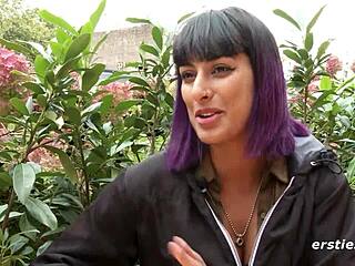 exhibitionist babe fingers wet pussy in public restroom