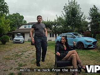 Babe with pierced nipples tattoos seduces guy for forest FUCK