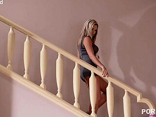 Her juicy peach glistens as she teases in heels and lingerie solo