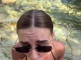 Wild stranger blowjob explodes cum all over face and huge tits on beach!