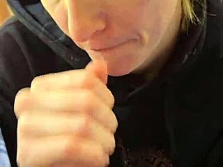 A smoke break turns into her swallowing skinny wife's load