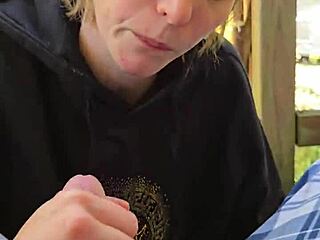 A smoke break turns into her swallowing skinny wife's load